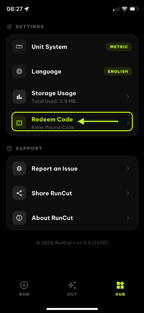Redeem Code in RunCut HUB Tab