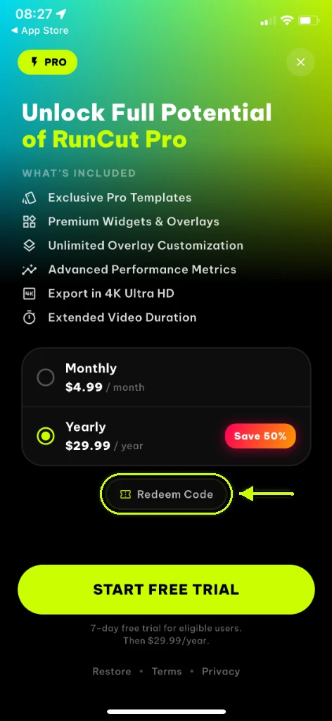 Redeem Code on RunCut Pro Paywall